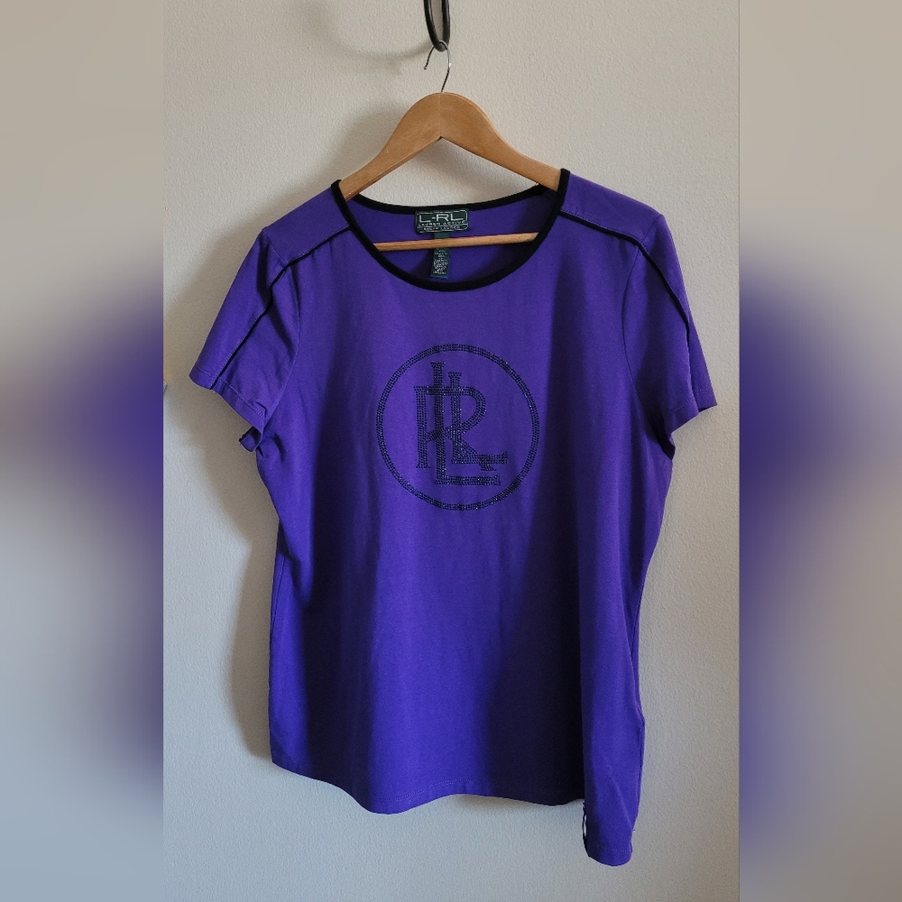 Ralph Lauren Embellished Logo Crewneck Tee, Women's XL, Rich Purple & Black